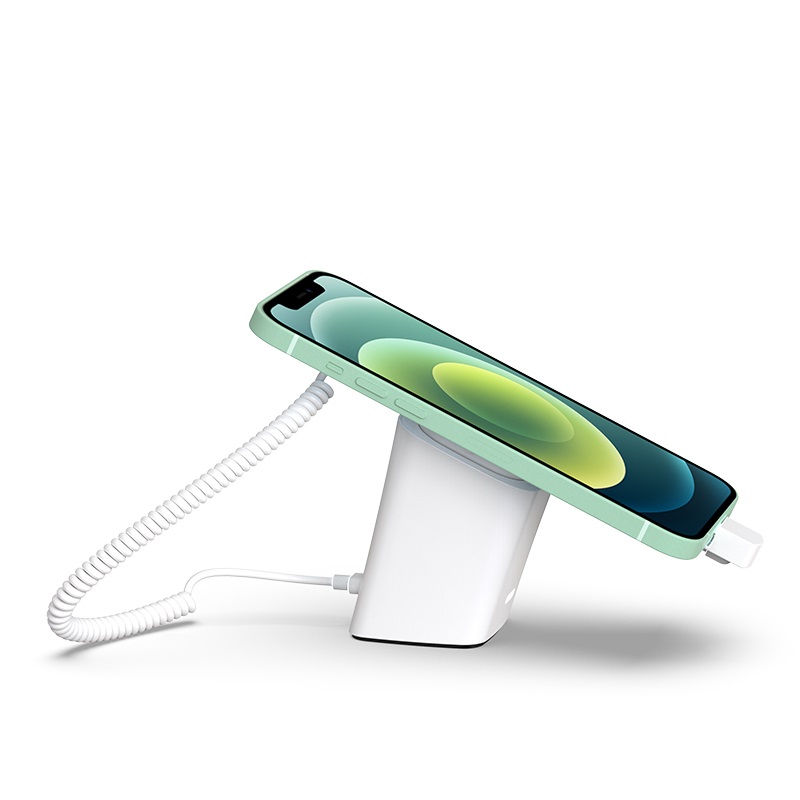 Como funciona um expositor antifurto para celular com um cabo de segurança e uma base?